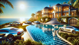 A luxury mansion overlooking the ocean, surrounded by high-end cars and a shimmering pool, representing how business funding and business lines of credit can safeguard wealth and success.